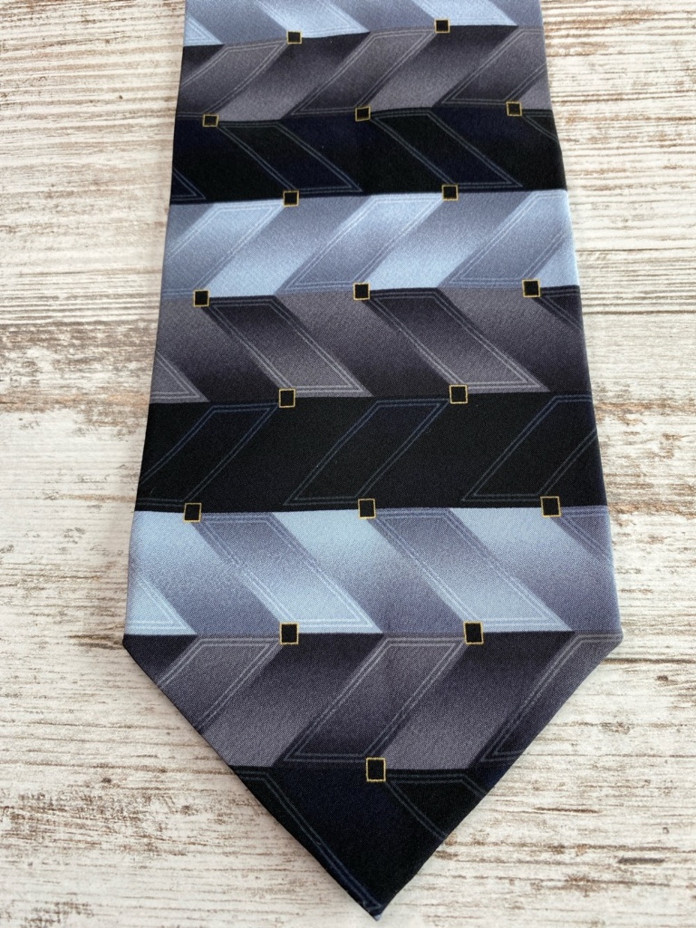 Chas Reed & Co Gray Black Chevron Geometric Gold Accent 100% Silk Wide Necktie